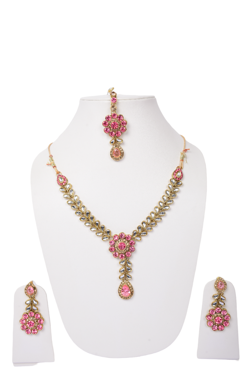 Infy Fashion traditional Elegance Redefined – Pink Stone Gold-Plated Necklace Set with Earrings & Maang Tikka
